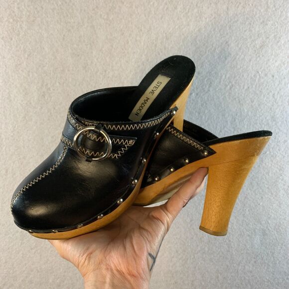 VTG 00s Steve Madden Women Y2K Wooden Platform Clogs Sz 6 Black Leather Studded - Picture 3 of 16